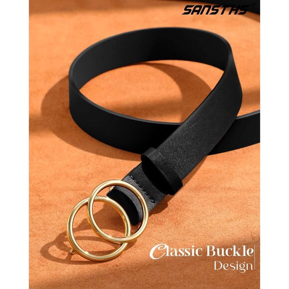 Women's Leather Belt Jeans Pants Fashion Waist Belt Ring Buckle Black Gold - Picture 2 of 6